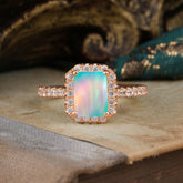 2 Carat Emerald Cut Opal 4 Prong Engagement Ring Pave Halo Bridal Ring